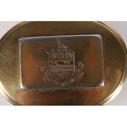 58 - Georgian antique silver gilt snuff box of oval shape, the rectangular hinged cover with 'Spectemur A... 