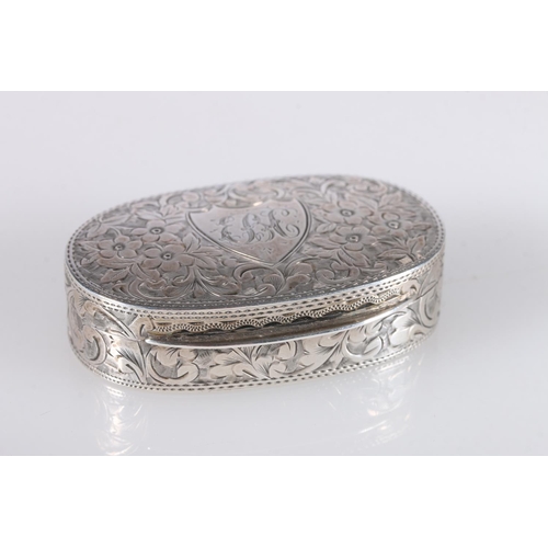 60 - Edward VII antique silver snuff box of oval shape, the body decorated with engraved floral design wi... 