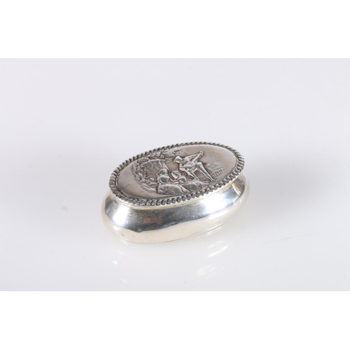 63 - Victorian antique silver snuff box of oval shape, the lid decorated in repousse with scene of a gent... 