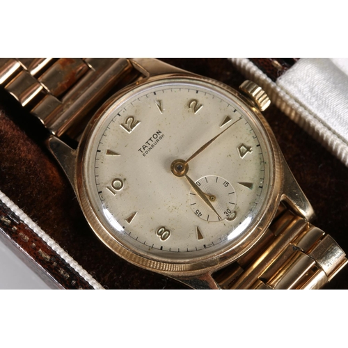 188 - Gents 9ct gold cased wristwatch by Tatton of Edinburgh with 15 jewel movement, on 9ct gold bracelet ... 