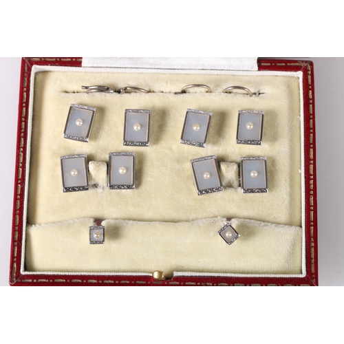 195 - Silver, mother of pearl and pearl cufflink and button set, held within Hamilton and Inches of Edinbu... 