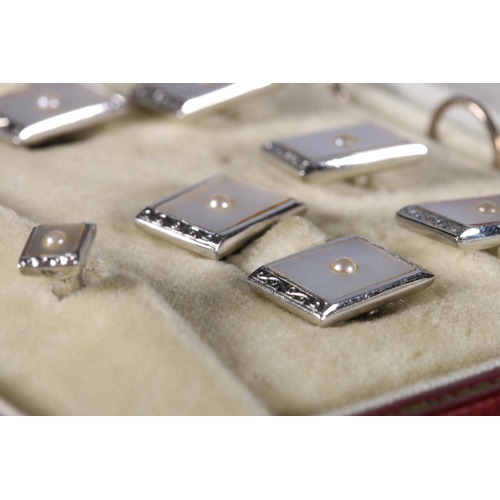 195 - Silver, mother of pearl and pearl cufflink and button set, held within Hamilton and Inches of Edinbu... 