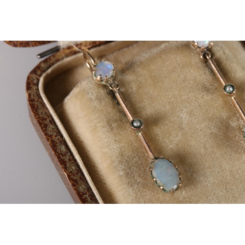 198 - Pair of 9ct gold pendant drop earrings set with opals, 3.2cm long, 1.8g gross.