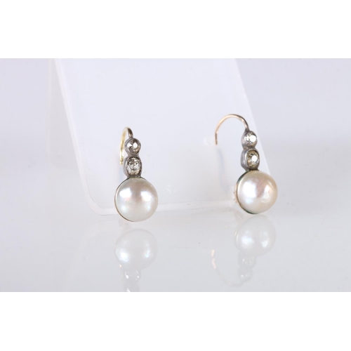 202 - Pair yellow metal earrings set with diamonds and pearls, 2.4g gross. 