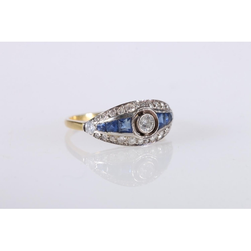 204 - 18ct gold sapphire and diamond dress ring, the central 0.125ct collet set diamond surrounds by gradu... 