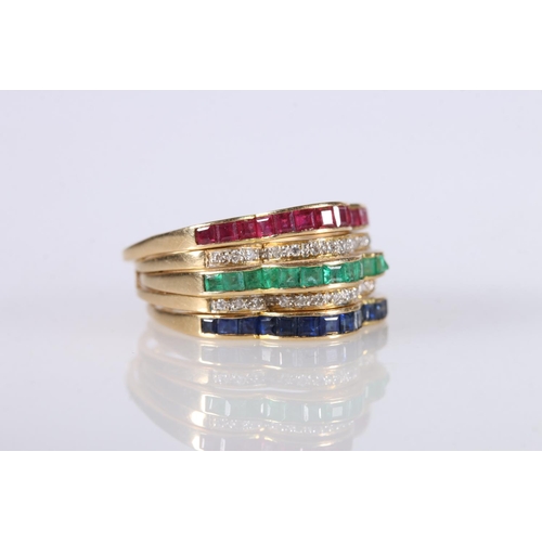 205 - 18ct gold diamond and emerald dress ring, ring size P/Q and two matching ruby and sapphire nesting r... 