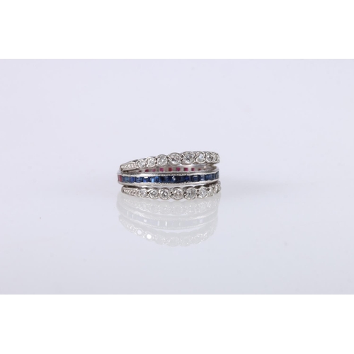 210 - Unhallmarked white metal, likely platinum dress ring, the central band with square faceted sapphire ... 