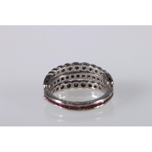 210 - Unhallmarked white metal, likely platinum dress ring, the central band with square faceted sapphire ... 