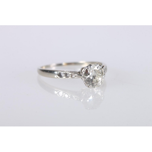 212 - White metal, diamond engagement ring with central 1ct diamond, diamond set shoulders, assumed platin... 