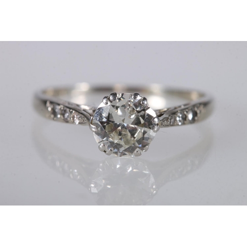 212 - White metal, diamond engagement ring with central 1ct diamond, diamond set shoulders, assumed platin... 