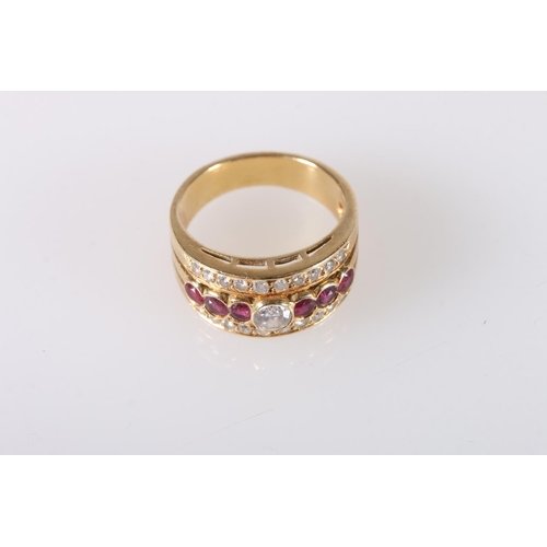 213 - Unhallmarked yellow metal gem set dress ring formed from three fused band, the central band with 0.2... 