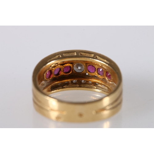 213 - Unhallmarked yellow metal gem set dress ring formed from three fused band, the central band with 0.2... 