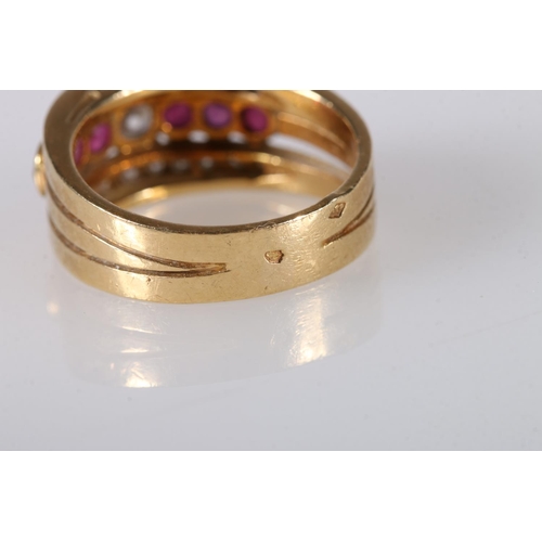 213 - Unhallmarked yellow metal gem set dress ring formed from three fused band, the central band with 0.2... 