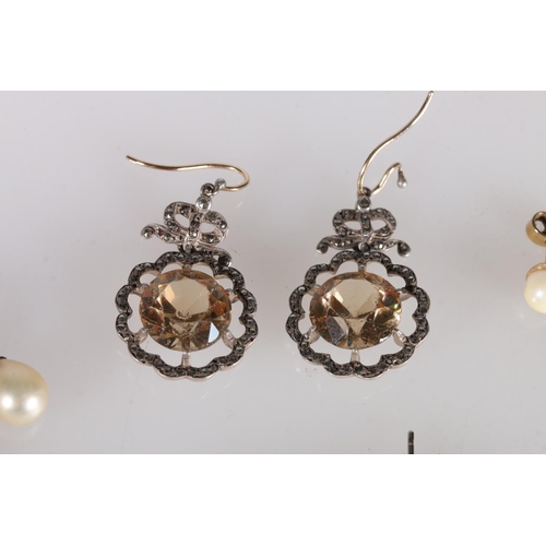 220 - Pair of white metal earrings set with large pearl and small diamonds, 2.2g gross, also five other pa... 