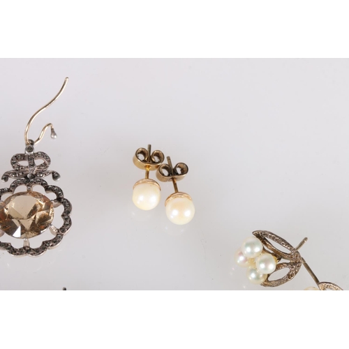 220 - Pair of white metal earrings set with large pearl and small diamonds, 2.2g gross, also five other pa... 