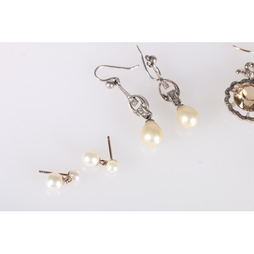 220 - Pair of white metal earrings set with large pearl and small diamonds, 2.2g gross, also five other pa... 