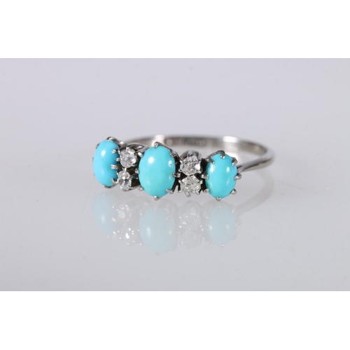 221 - 18ct white gold and platinum ring set with three turquoise and four diamonds, ring size O, 2.6g gros... 