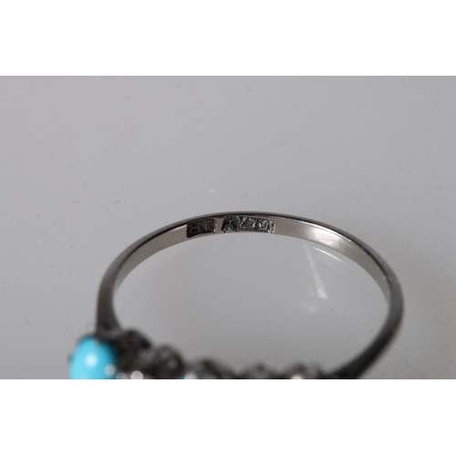 221 - 18ct white gold and platinum ring set with three turquoise and four diamonds, ring size O, 2.6g gros... 