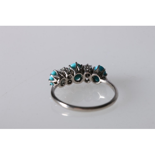 221 - 18ct white gold and platinum ring set with three turquoise and four diamonds, ring size O, 2.6g gros... 