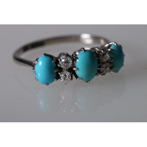 221 - 18ct white gold and platinum ring set with three turquoise and four diamonds, ring size O, 2.6g gros... 