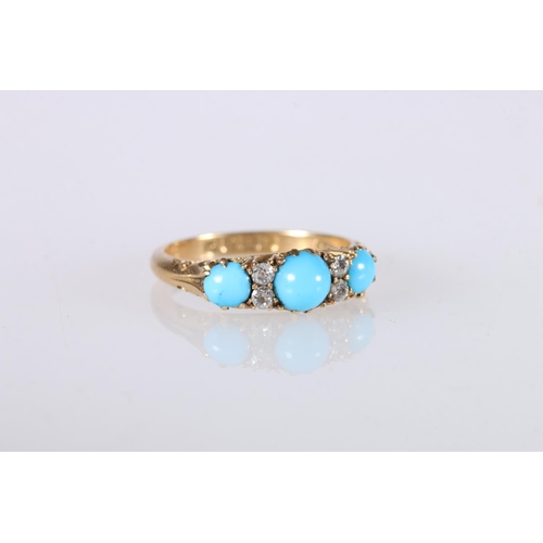 222 - 18ct yellow gold and platinum ring set with three turquoise and four diamonds, ring size Q, 4.8g gro... 