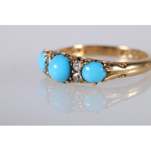 222 - 18ct yellow gold and platinum ring set with three turquoise and four diamonds, ring size Q, 4.8g gro... 