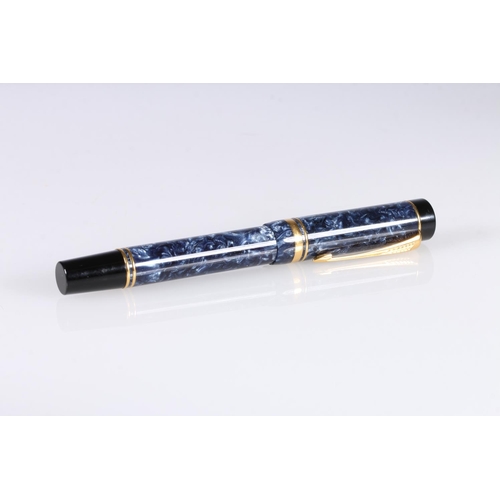 232 - Parker duo-fold fountain pen in blue marbled plastic case and 18kt gold nib.