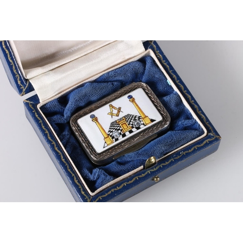 57 - Contemporary silver and enamel snuff or pill box, the cover with Masonic compass, pillars and alter ... 