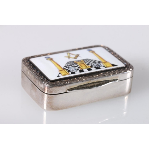 57 - Contemporary silver and enamel snuff or pill box, the cover with Masonic compass, pillars and alter ... 