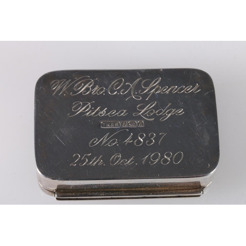 57 - Contemporary silver and enamel snuff or pill box, the cover with Masonic compass, pillars and alter ... 