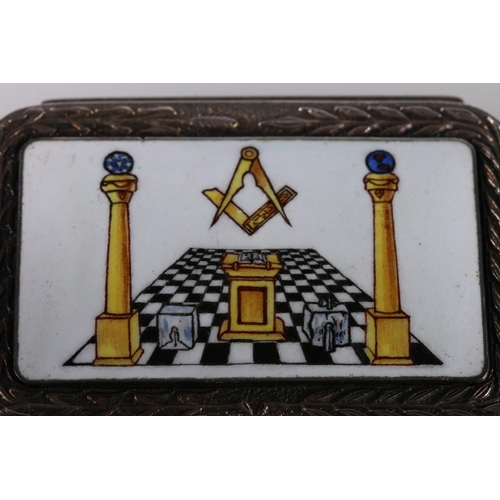 57 - Contemporary silver and enamel snuff or pill box, the cover with Masonic compass, pillars and alter ... 