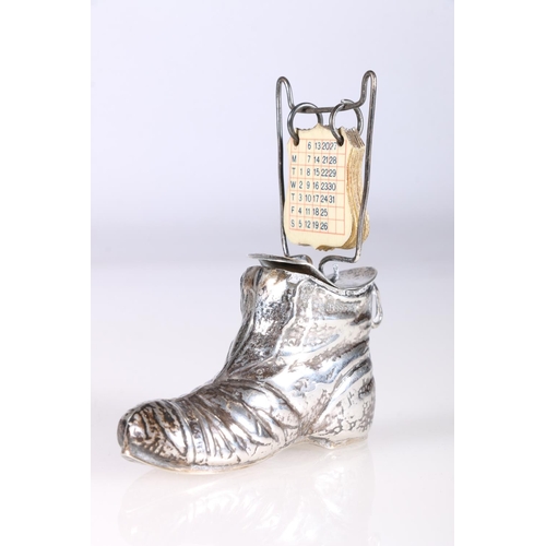 6 - Edward VII silver novelty calendar in the form of a shoe, top and calendar white metal and possible ... 