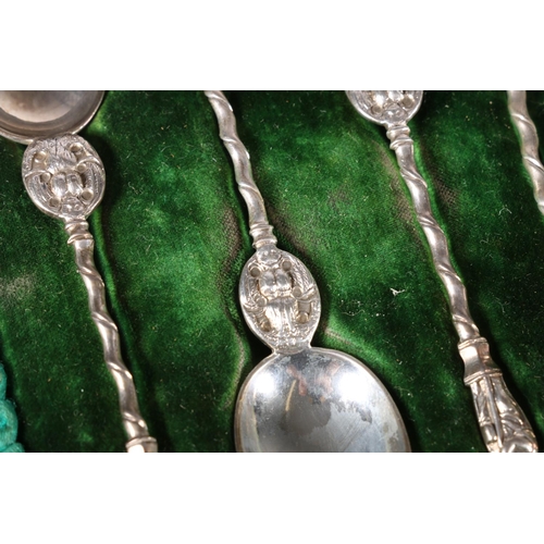 1 - Late Victorian set of six silver apostle spoons with angels above bowls, along with sugar tongs hall... 