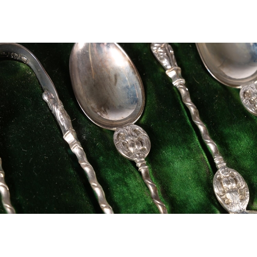 1 - Late Victorian set of six silver apostle spoons with angels above bowls, along with sugar tongs hall... 