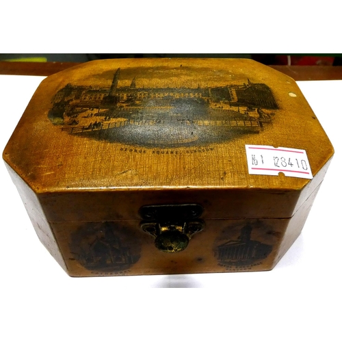 1 - Antique Mauchline ware box with picture of George Square Glasgow and two tartan napkin in rings.