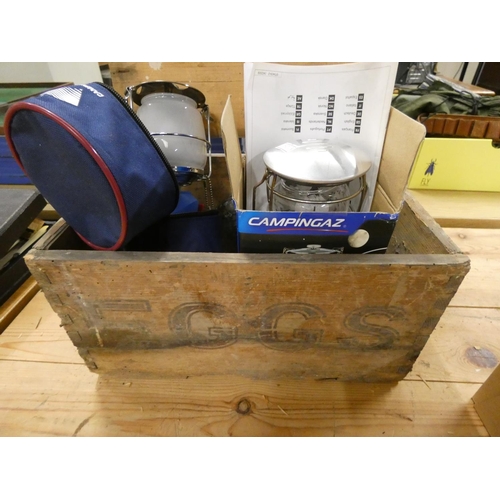 25 - Vintage egg box and two small camping lights.