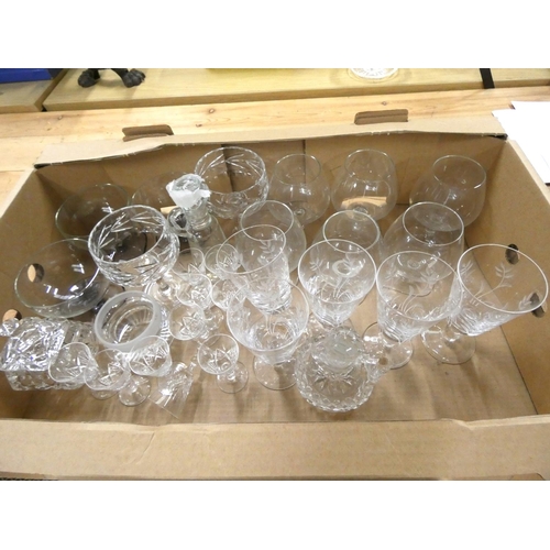 26 - Large box of various glassware to include brandy glasses, sherry glasses etc.