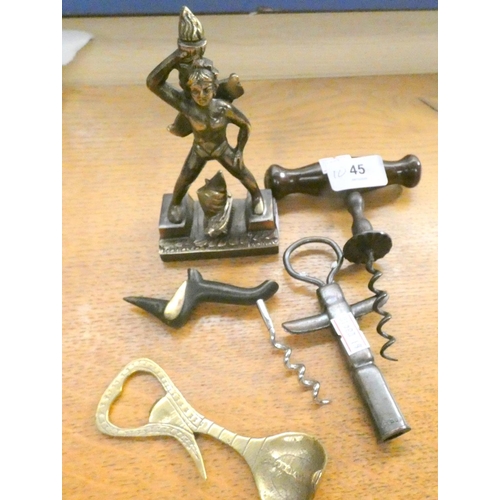 45 - Brass mythical god figure and collectable corkscrew and bottle openers.