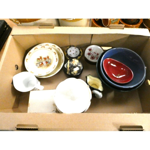 47 - Box of various to include Bunykins bowls, coasters, Doulton character jug, bowls, continental style ... 