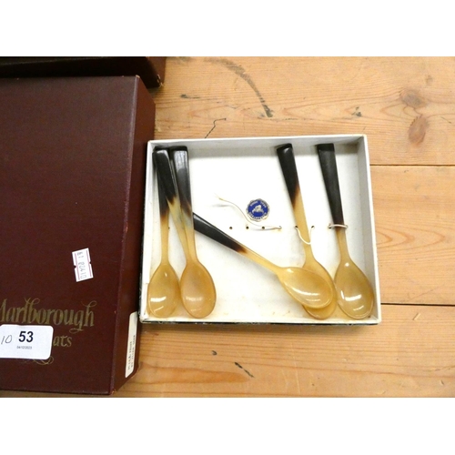 53 - Set of bone handle cutlery, two boxes of place mats and horn spoons.