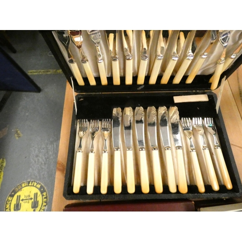 53 - Set of bone handle cutlery, two boxes of place mats and horn spoons.