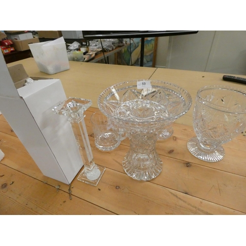 59 - Various glass vases and two glass jugs, pair of glass candlesticks.