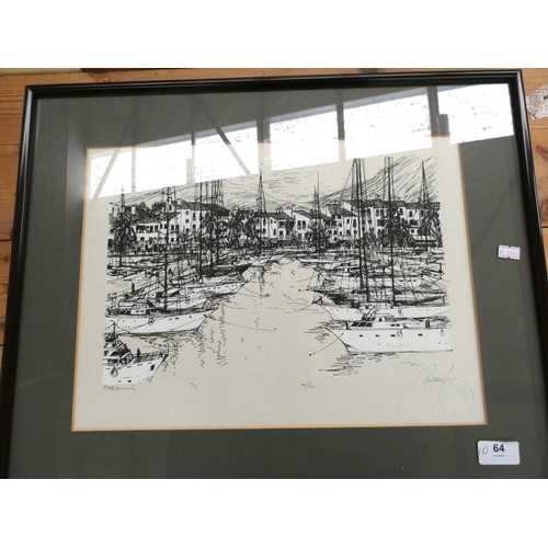 64 - Harbour Scene  limited edition, gallery stamped, pencil signed print and another print.