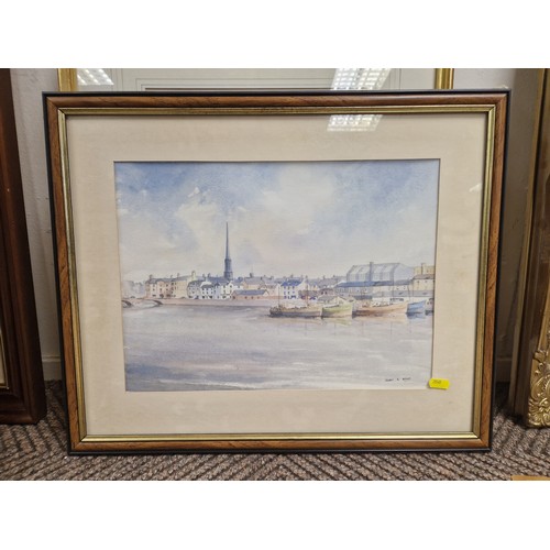 473 - Various pictures, a gilt edged mirror, John A Boyd, coastal town Watercolour, signed ( 7)