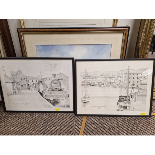 473 - Various pictures, a gilt edged mirror, John A Boyd, coastal town Watercolour, signed ( 7)