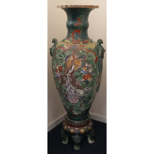 484 - Huge Chinese ceramic floor vase of baluster shape painted with female warrior figure, two relief pea... 