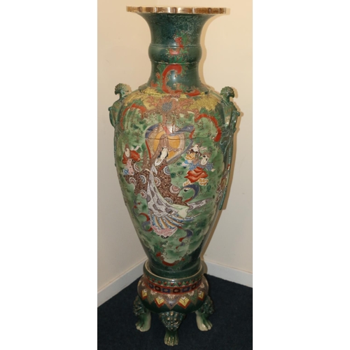 484 - Huge Chinese ceramic floor vase of baluster shape painted with female warrior figure, two relief pea... 