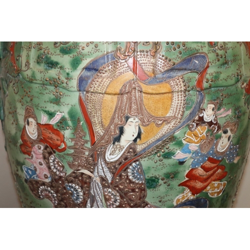 484 - Huge Chinese ceramic floor vase of baluster shape painted with female warrior figure, two relief pea... 