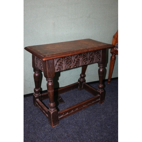 496 - Antique joint stool, the rectangular top with moulded edge above carved C scroll frieze, raised on f... 