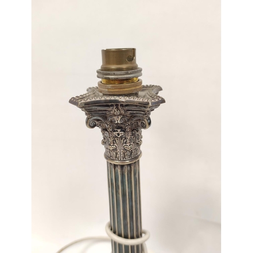 101 - Pair of e.p. table lamps with Corinthian columns on stepped beaded bases, 33.5cm including fittings,... 